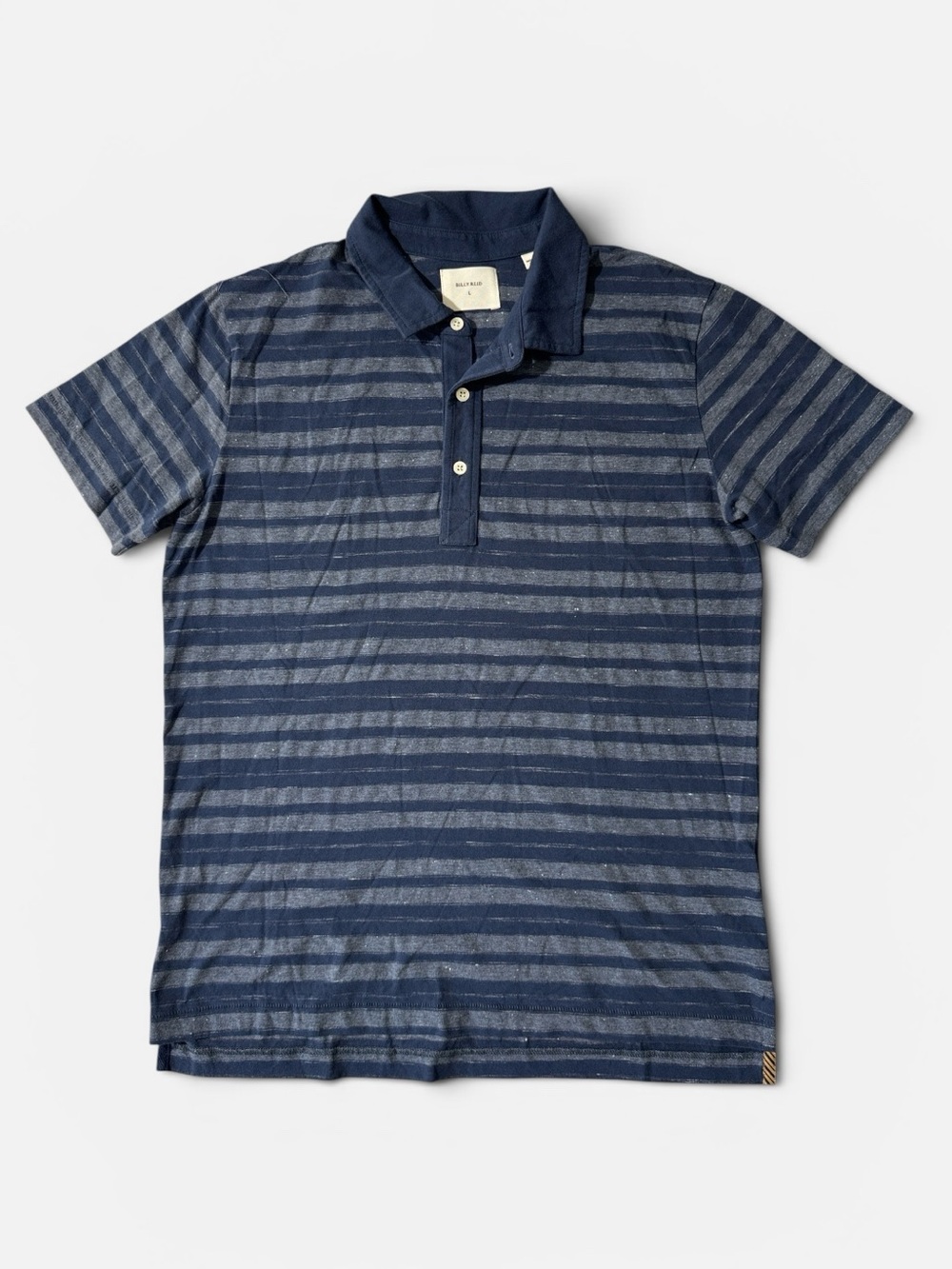 Billy Reid mens L Large blue stripe cotton blend short sleeve polo shirt EUC